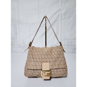 Authentic FENDI Zucchino Canvas Mamma Baguette Shoulder Bag Beige/pink